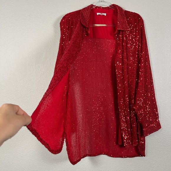 Calvin Klein women plus size 2X fully sequin top red long sleeve snap closure - Picture 11 of 14